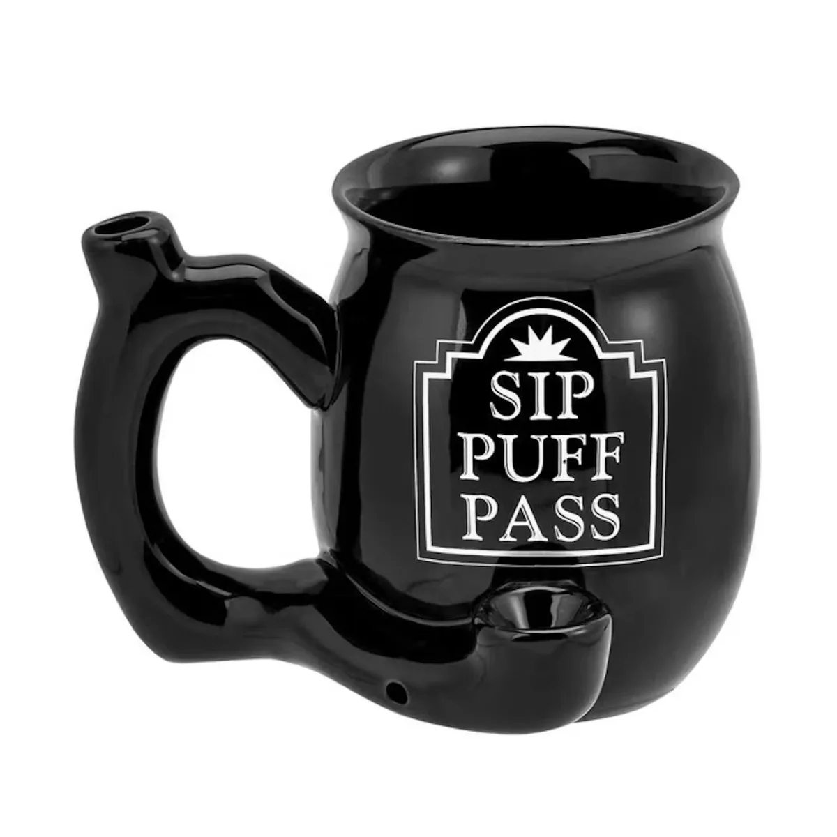 A glossy black ceramic coffee mug with a built-in pipe bowl in the handle and a white Sip Puff Pass label