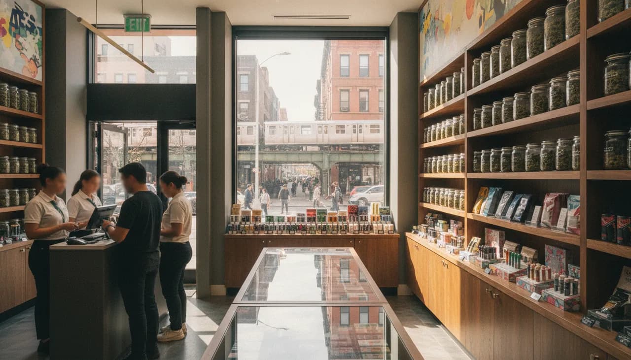 Well-stocked modern Queens dispensary interior in 2026 with product walls and a window framing the Astoria 7-train streetscape