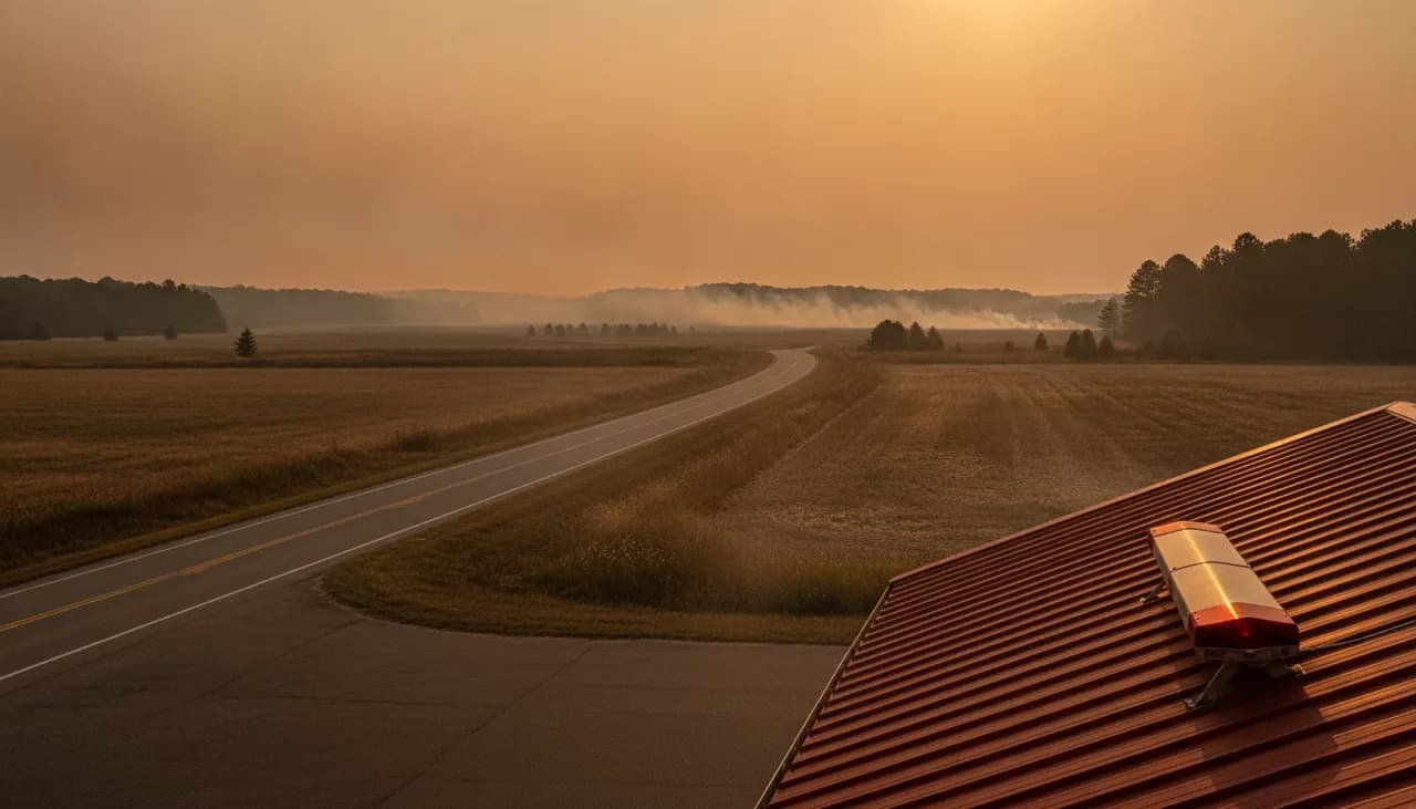 Hazy late-afternoon Long Island landscape near Riverhead with distant amber smoke over pine barrens and a community fire station