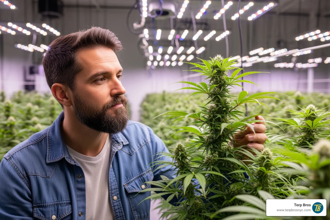 A person thoughtfully examining a cannabis plant, symbolizing a visionary founder like James Kim.