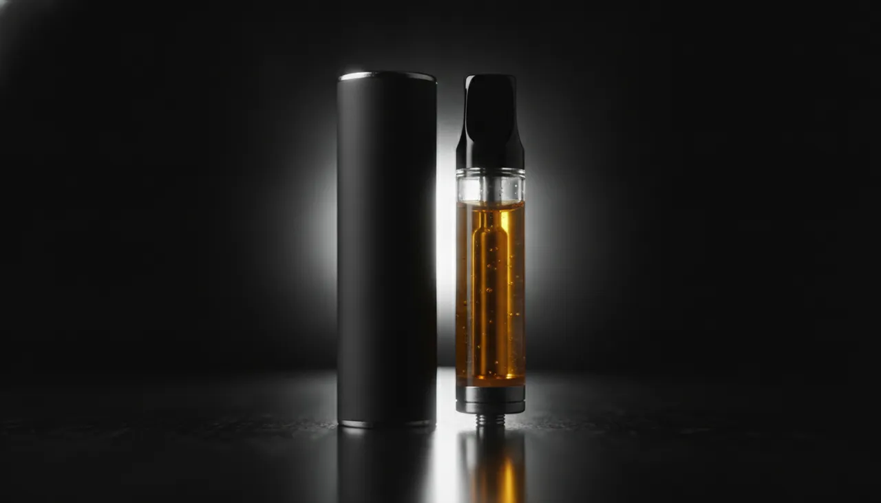 Matte-black cannabis vape battery and amber-filled cartridge on a dark reflective studio surface under dramatic rim light