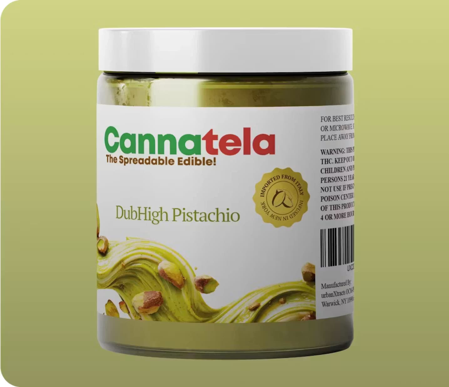Cannatella DubHigh Pistachio spread, a 100mg infused edible jar imported from Italy, at Terp Bros Astoria