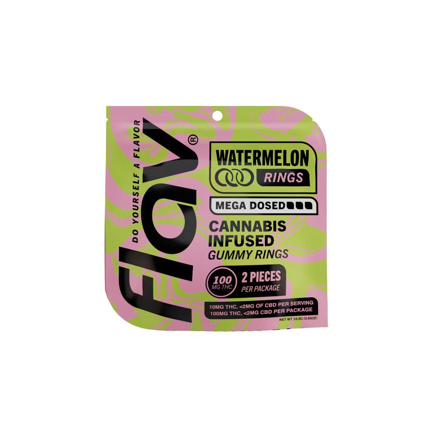 A pink and green Flav Watermelon Rings Mega Dosed pouch, cannabis infused gummy rings, 100mg THC and 2 pieces per package, on the shelf at Terp Bros Ozone Park