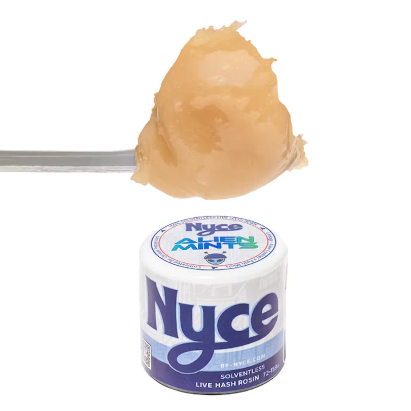 A Nyce Alien Mints solventless live hash rosin jar with a scoop of golden rosin held on a dab tool above it, the same strain now loaded into Nyce's one gram all in one pen at Terp Bros Astoria