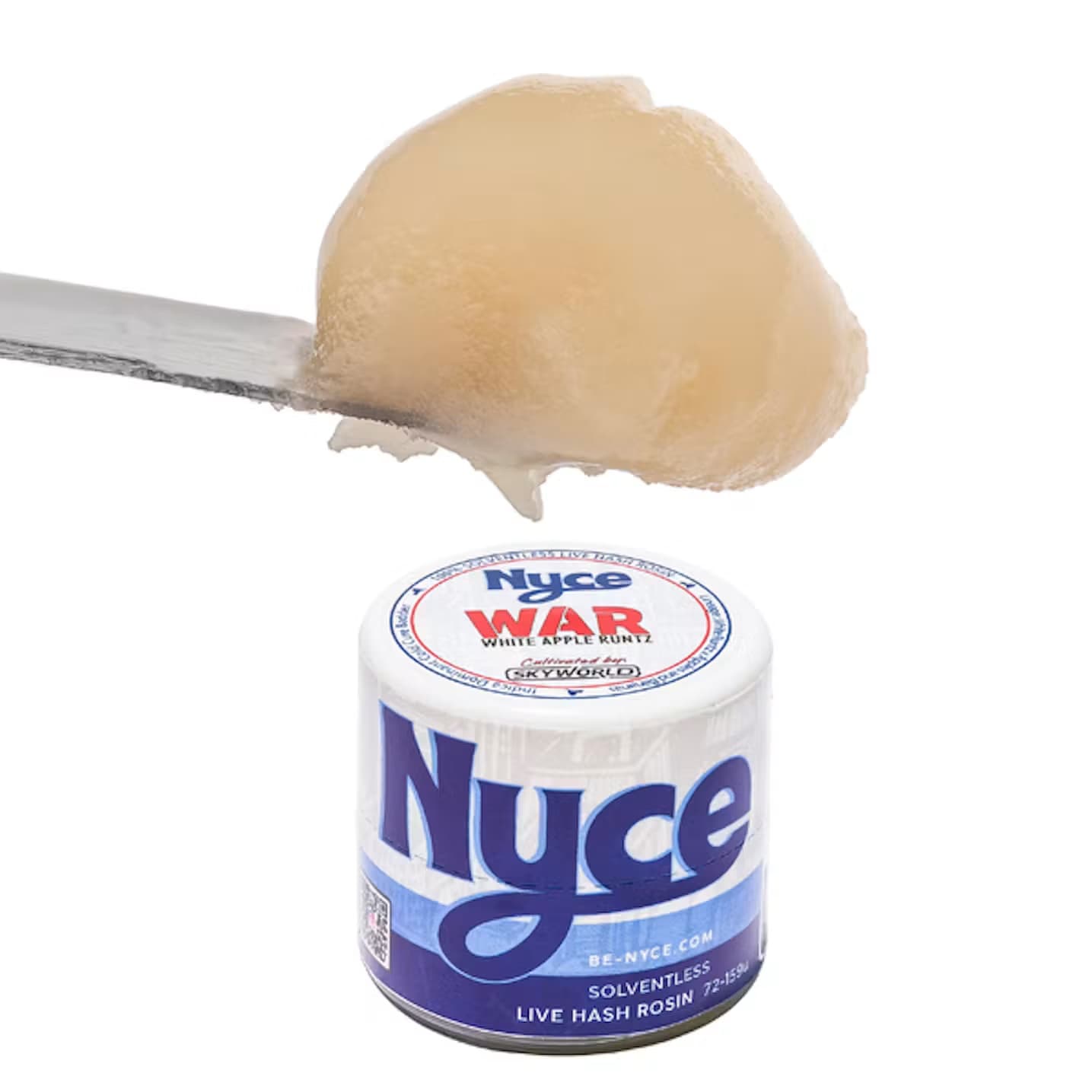 A Nyce WAR White Apple Runtz solventless live hash rosin jar, cultivated by Skyworld, with a scoop of pale golden rosin on a dab tool above it