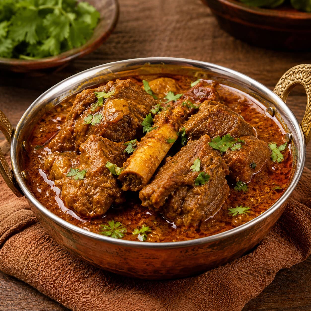 A copper kadai bowl of rich, slow cooked bone-in curry topped with fresh cilantro on a rustic wooden table at Punjabi Mehfil in Ozone Park