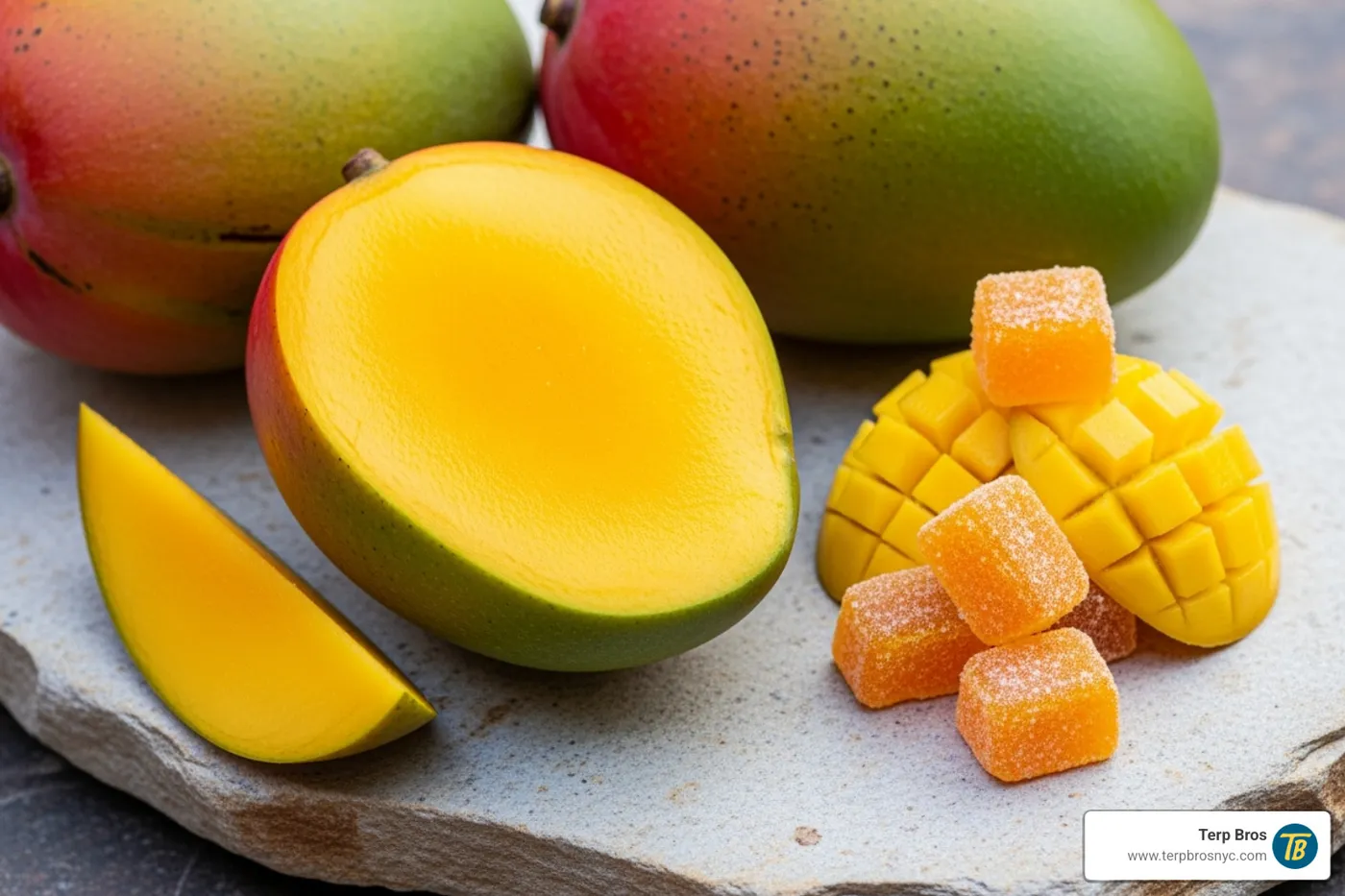 Fresh mangoes next to mango-flavored gummies, emphasizing natural flavoring. - magic mango gummy