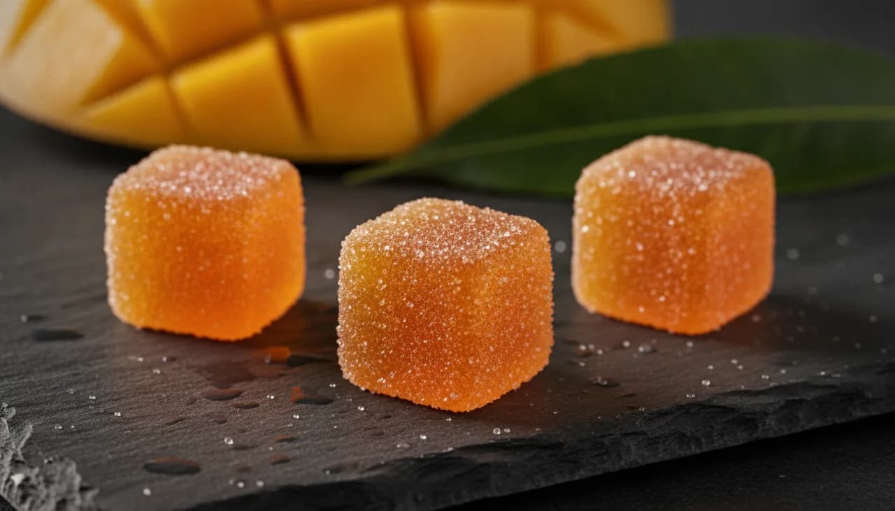 Extreme macro of glossy sunset-orange mango cannabis gummies on wet dark slate with sliced mango and a tropical leaf behind