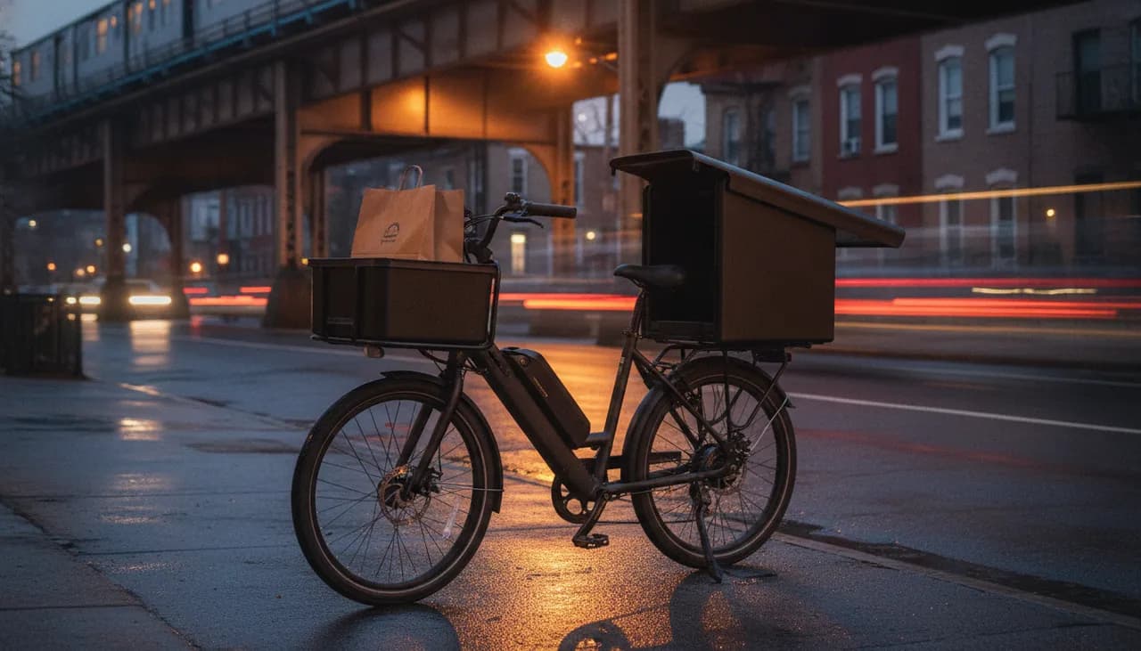 A cannabis delivery e-bike with an insulated courier box parked on a wet Astoria Queens street at dusk under a streetlamp