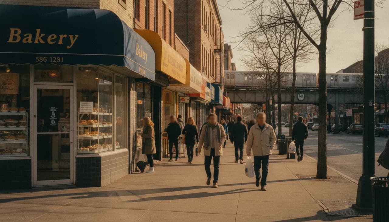 Sunlit Ditmars Boulevard street scene in Astoria Queens with awning storefronts and the elevated train tracks in the distance