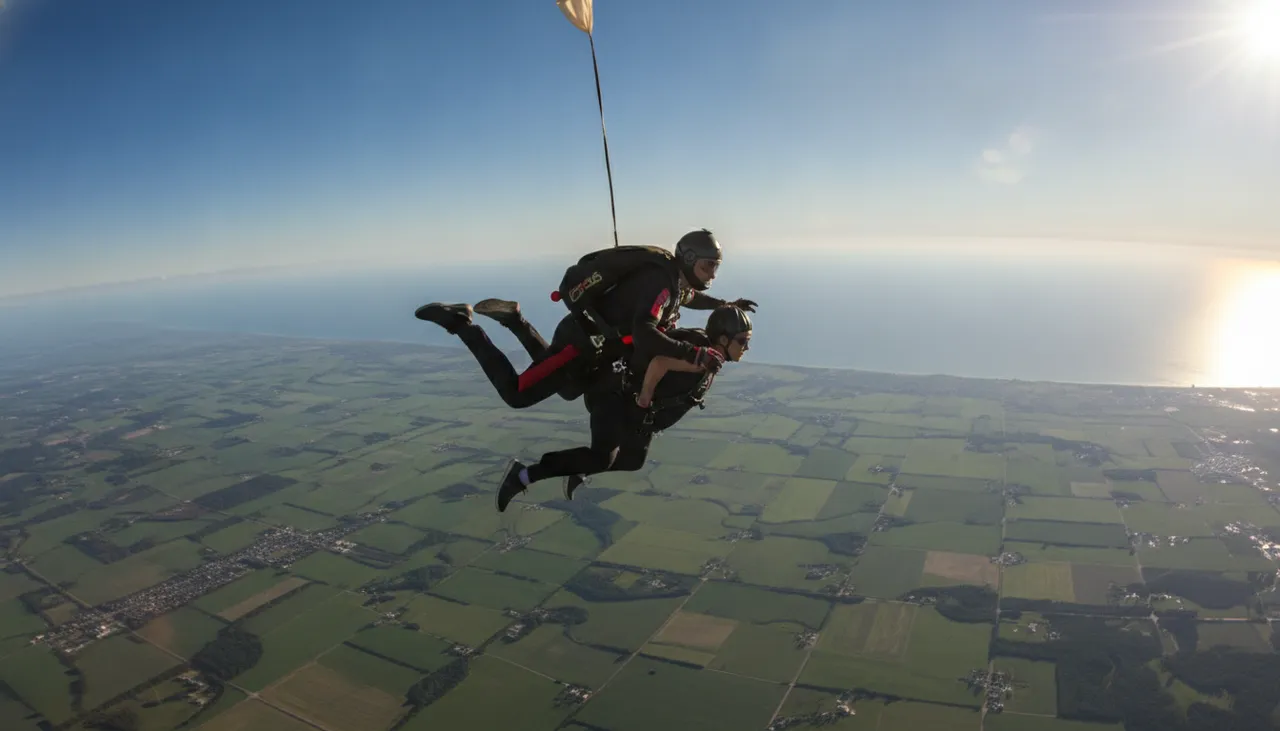 Tandem skydiver in freefall under a bright blue sky high above the green patchwork fields and coastline of Long Island