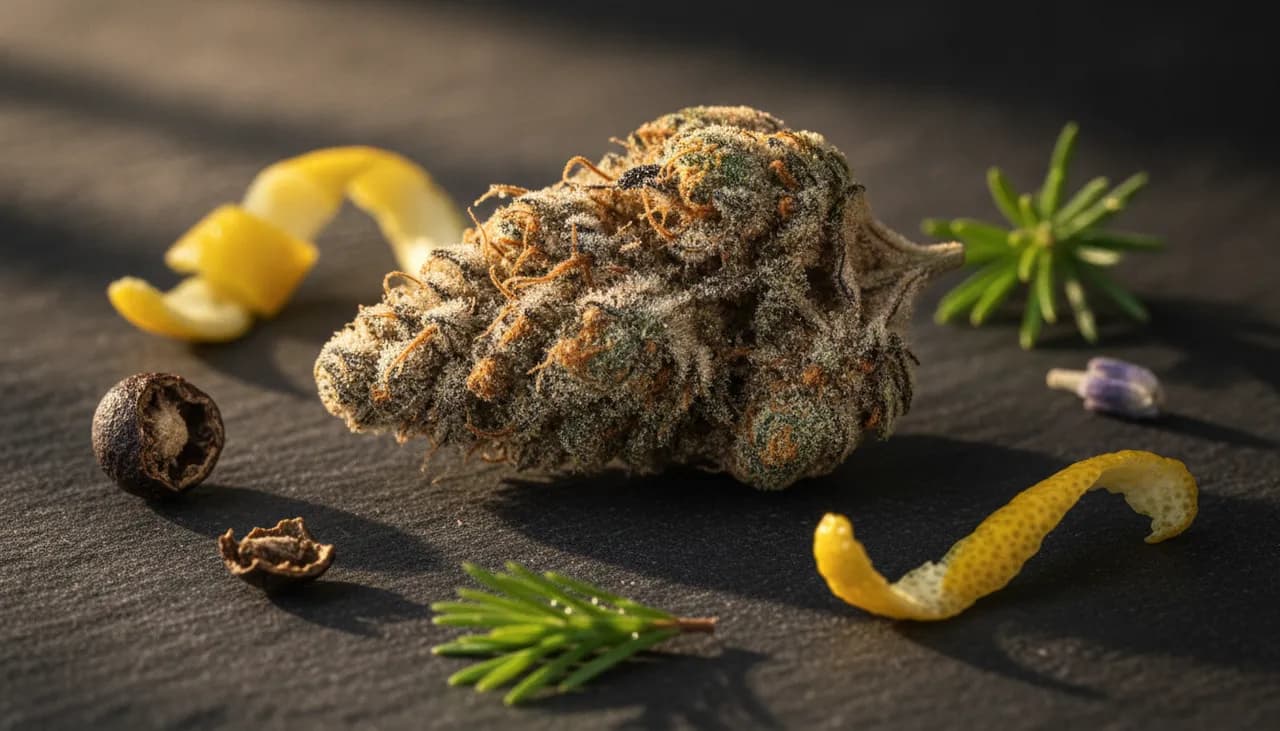 Macro of a trichome-frosted cannabis bud surrounded by peppercorn, lemon peel, pine and lavender representing terpene aromas