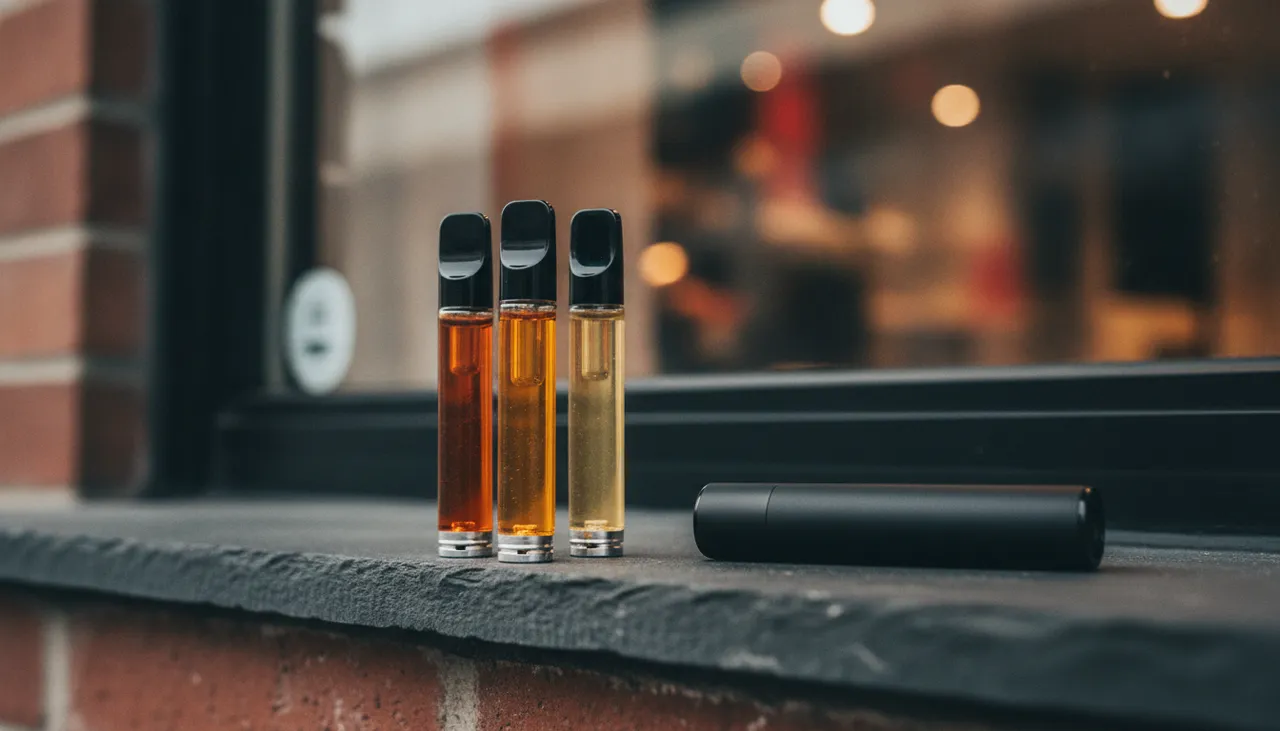 Three slim THC vape cartridges with glowing amber oil backlit on dark slate inside an Astoria dispensary
