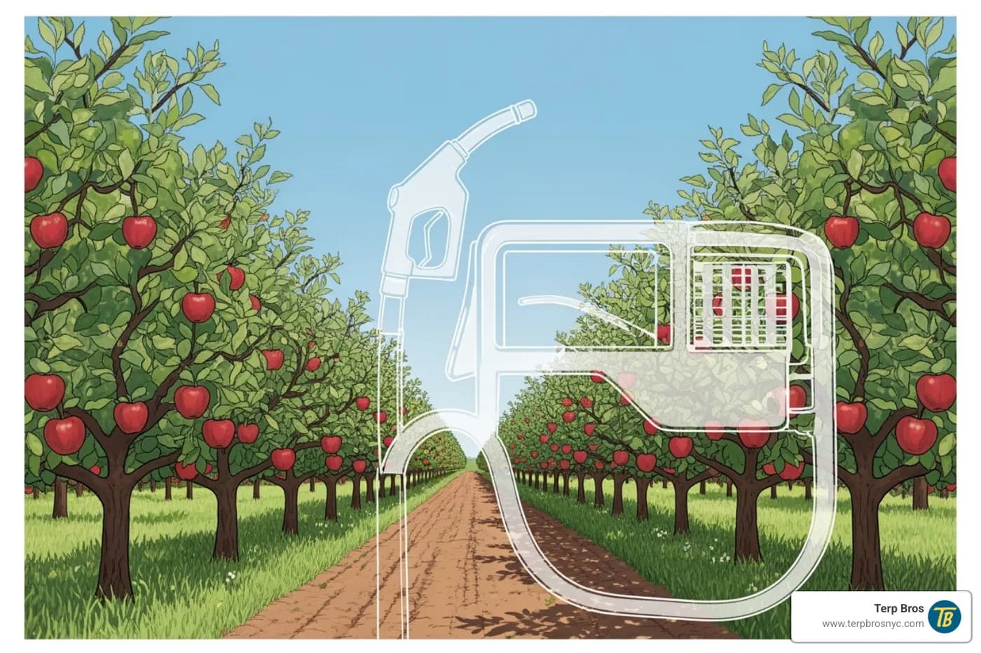 Artistic representation of an apple orchard with subtle hints of fuel, symbolizing the strain's flavor. Alt text: