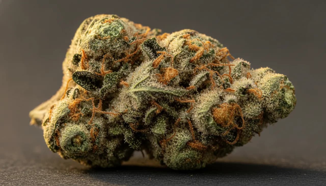 Macro close-up of a frosty lime-green Apple Bomb cannabis bud with blush-red tips and burnt-orange pistils