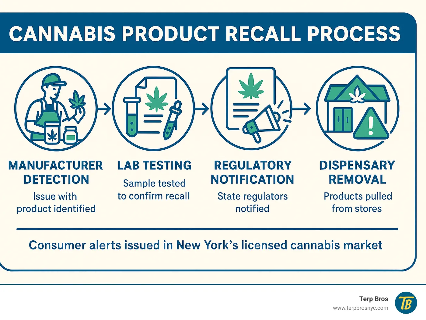 Infographic showing the cannabis product recall process from manufacturer detection through lab testing, regulatory notification, dispensary removal, and consumer alerts in New York's licensed cannabis market - cannibis cured infographic