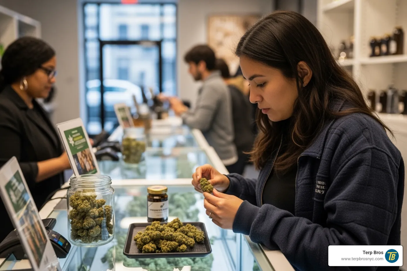 consumer inspecting cannabis flower at a dispensary counter - cannibis cured