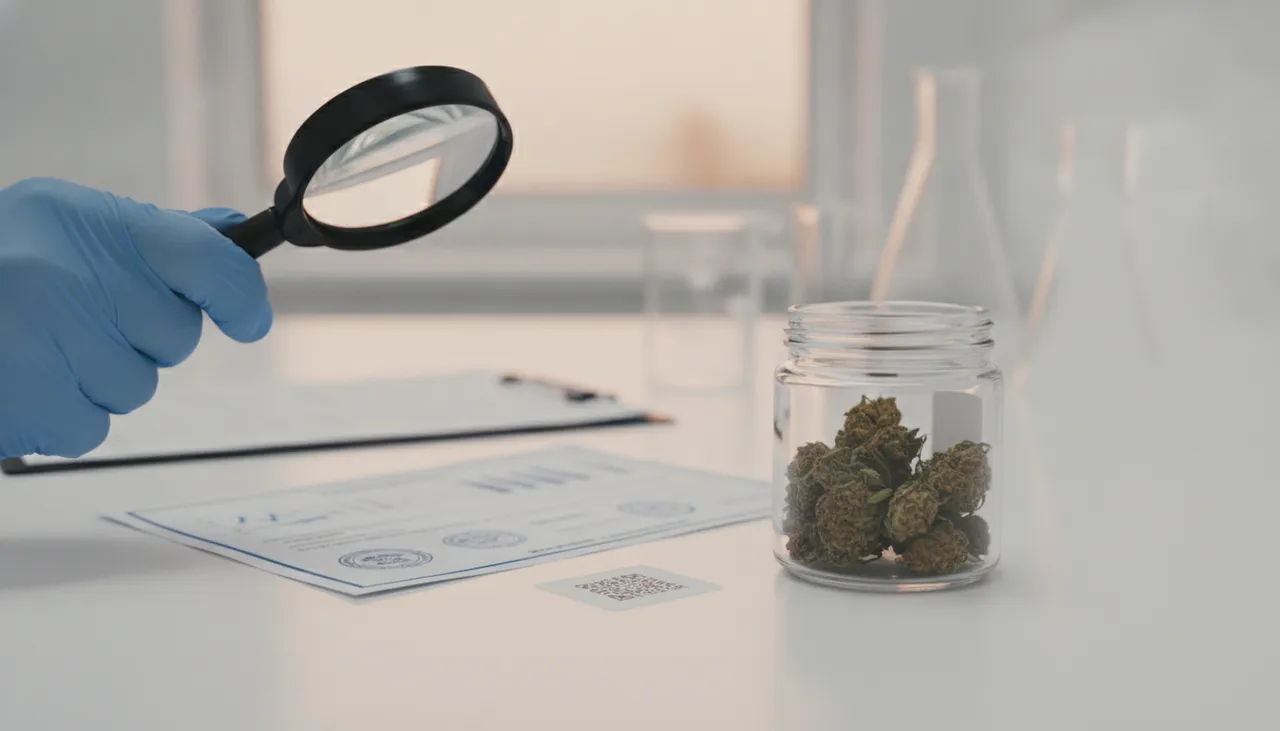 Compliant cannabis jar beside a Certificate of Analysis and batch label on a lab bench, gloved hand holding a loupe