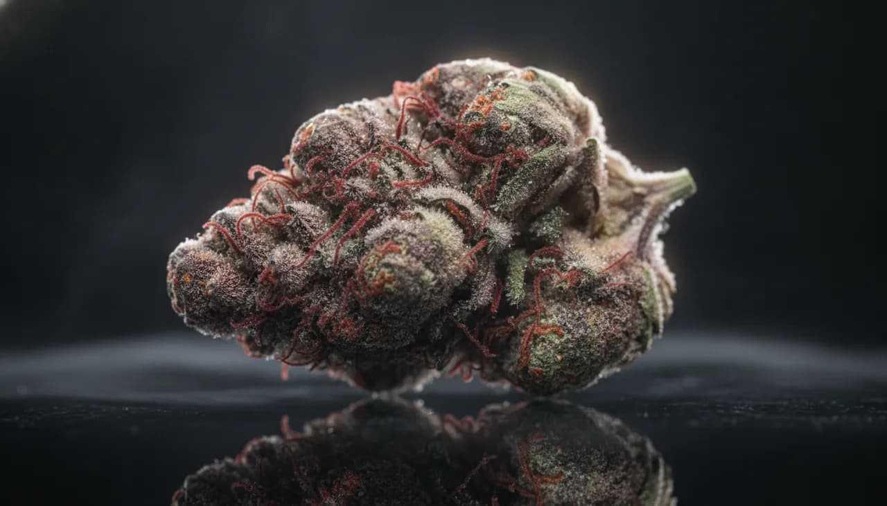 Extreme macro of a frosty cherry-red and purple Cherry Zoap hybrid cannabis bud sparkling with trichomes