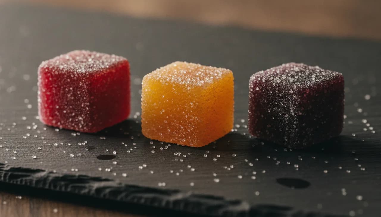 Macro of sugar-dusted ruby, mango, and berry cannabis gummies on a dark slate surface under dramatic light