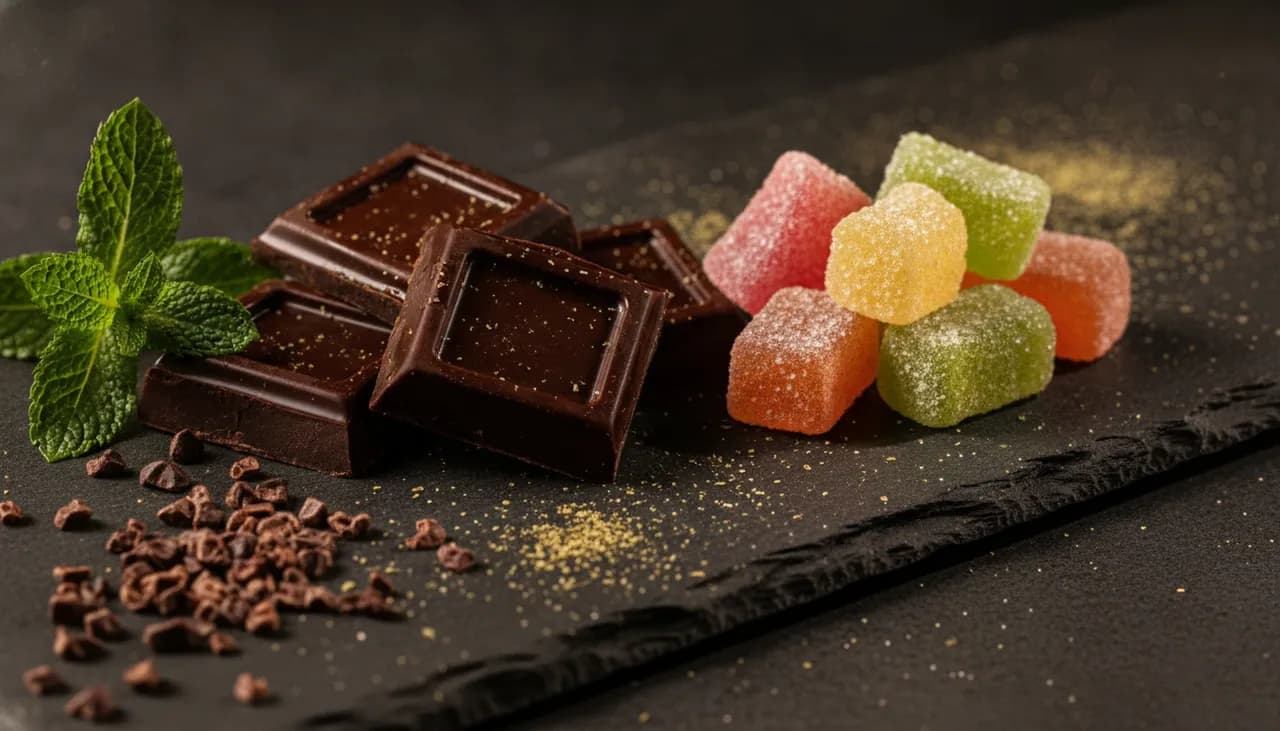 Macro of artisan cannabis chocolate squares and pastel gummies on dark slate with dramatic side lighting