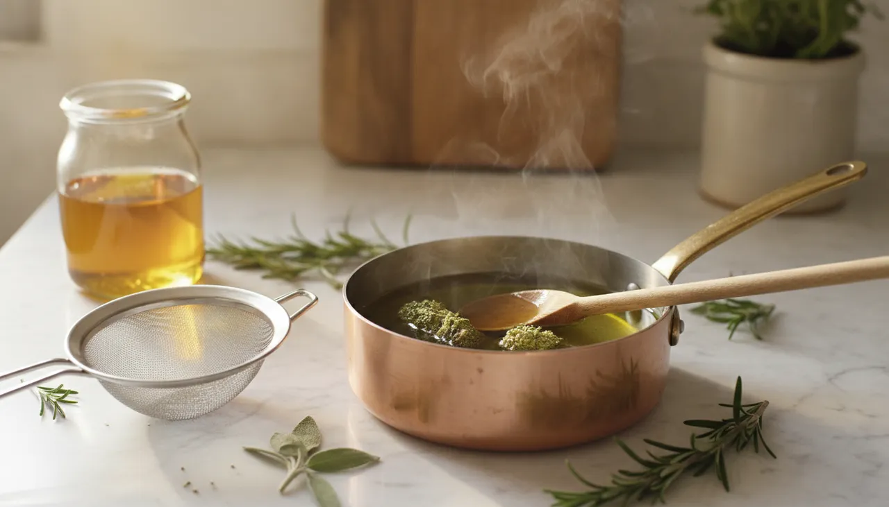 Golden cannabis-infused oil simmering in a saucepan with cured buds and a strainer on a marble kitchen counter