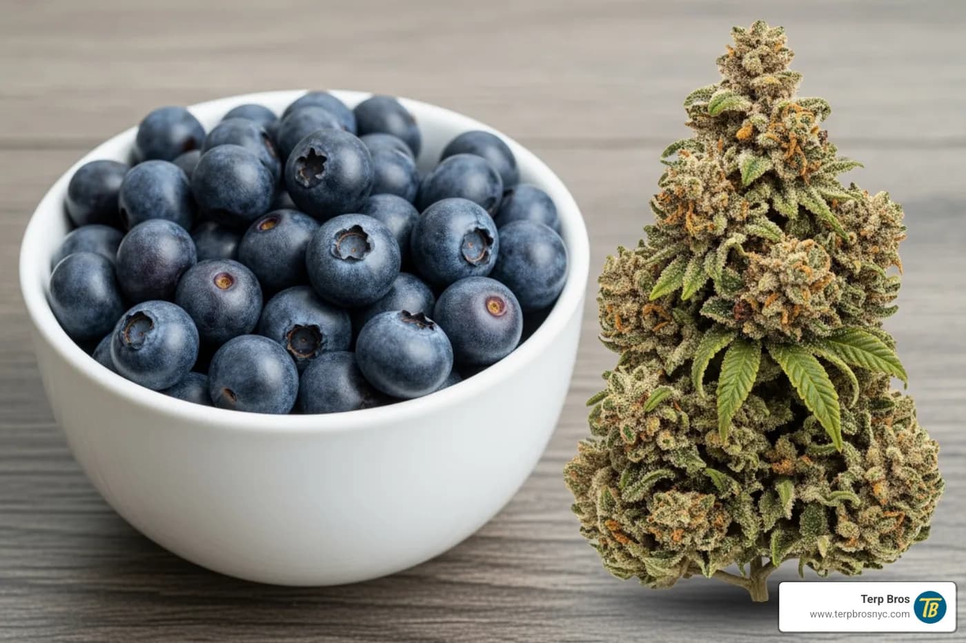 A bowl of fresh blueberries next to a Blueberry Kush flower to highlight the aroma profile - blueberry kush indica or sativa