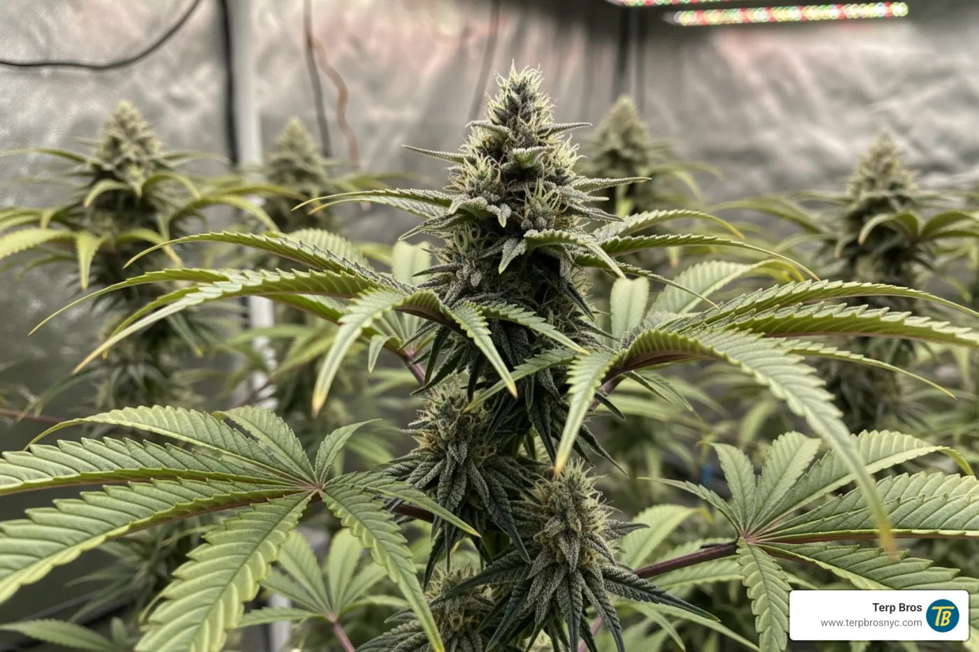 A healthy, flowering Blueberry Kush plant in a controlled NY grow environment - blueberry kush indica or sativa