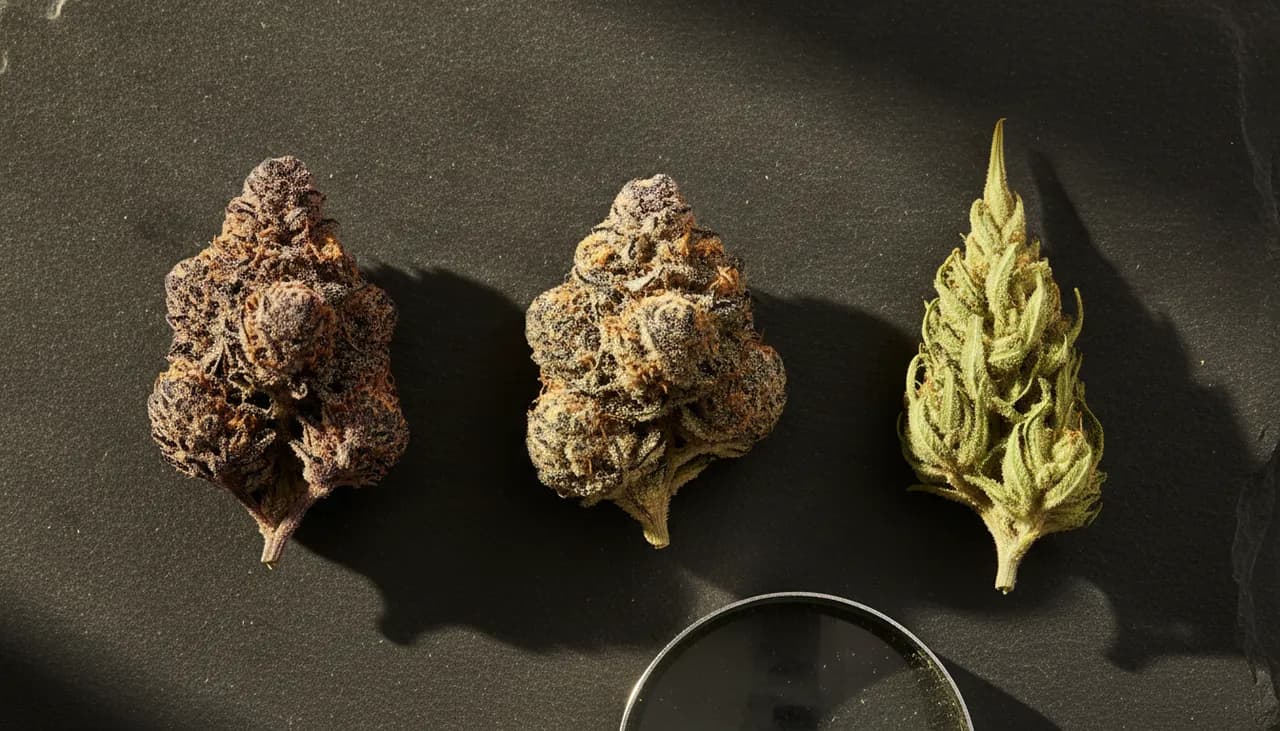 Three cannabis buds compared on dark stone: purple indica, lime-green sativa spear and frosty hybrid with a loupe nearby