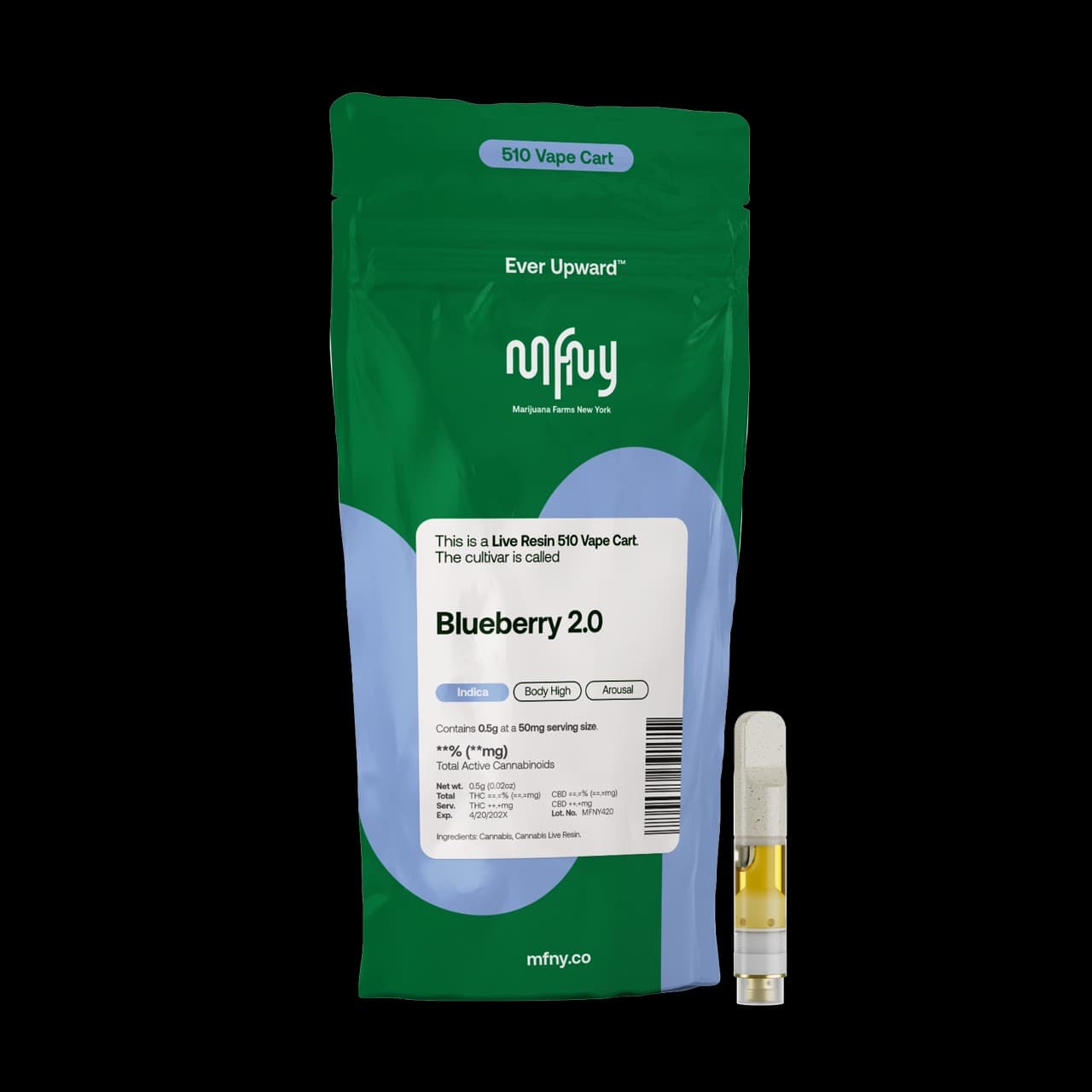 MFNY Blueberry 2.0 live resin 510 vape cart in the green Marijuana Farms New York pouch, now in full grams at Terp Bros Astoria
