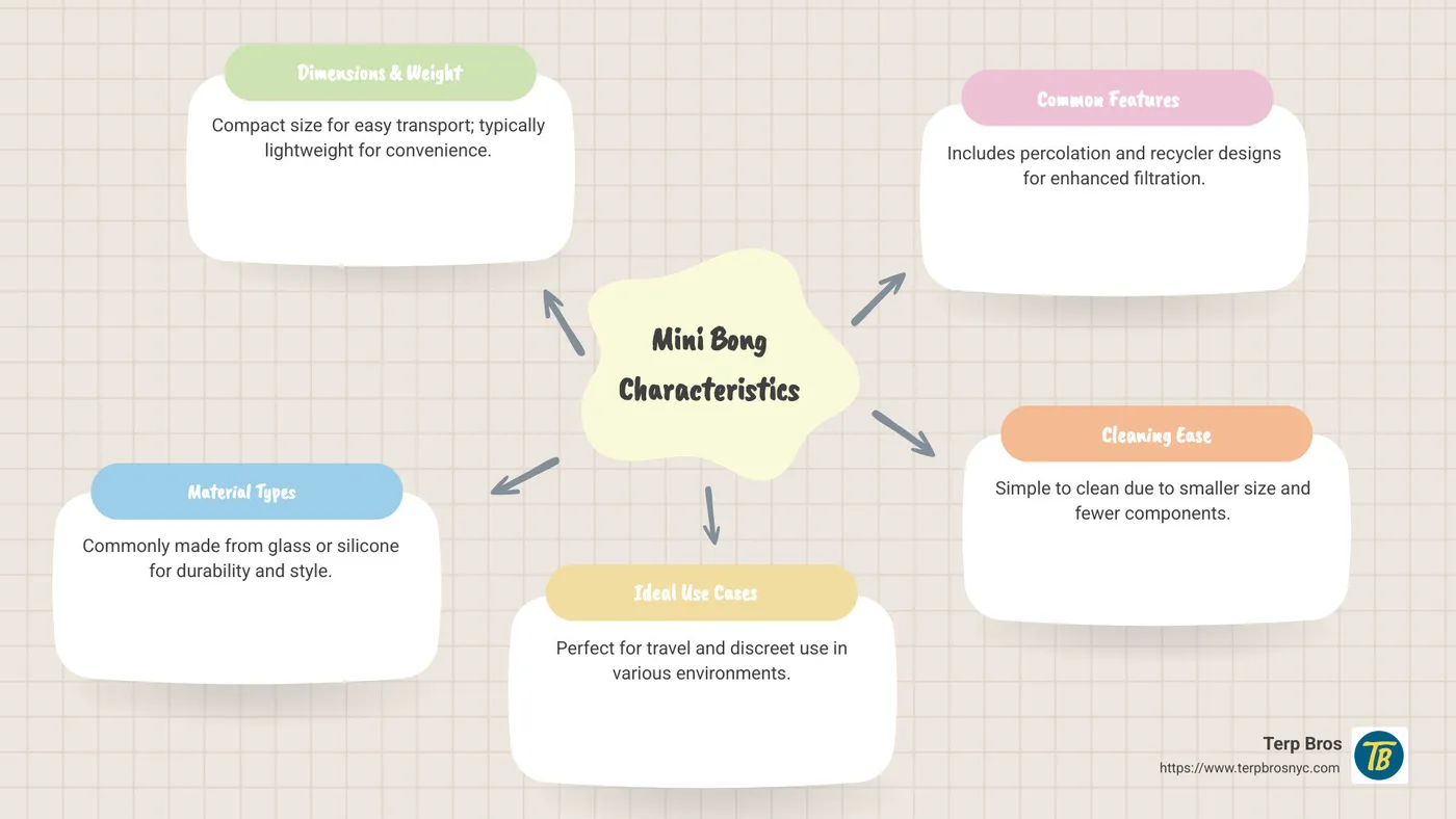 Infographic detailing characteristics of mini bongs, such as dimensions, weight, material types (glass, silicone), ideal use cases (travel, discreet use), common features (percolation, recycler), cleaning ease, and pricing range, custom for beginners and enthusiasts - mini bong infographic mindmap-5-items