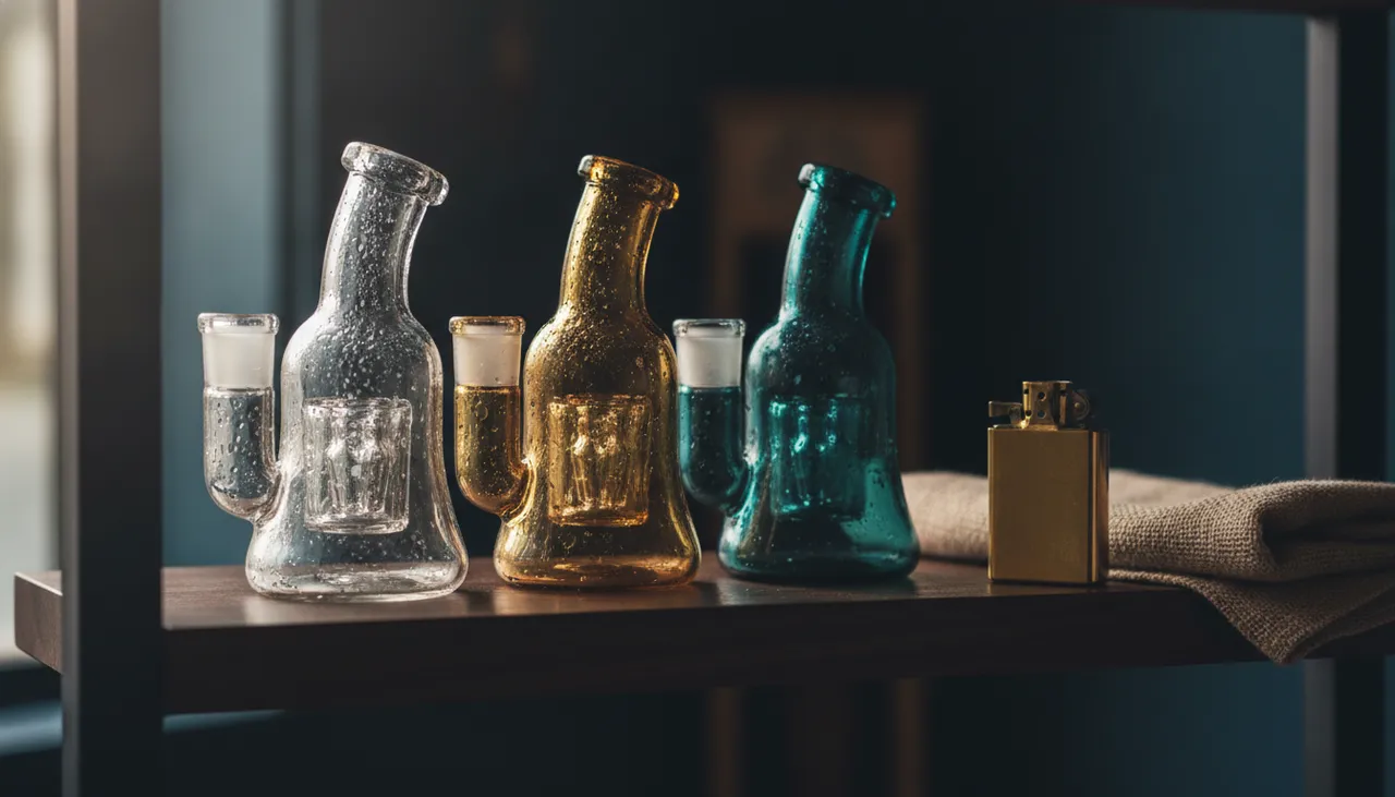 Three compact colored-glass mini bongs lined up on a dark walnut shelf with soft window light and condensation