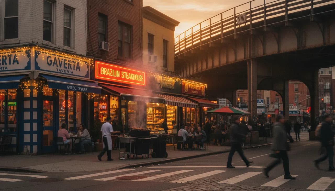 Ditmars Blvd Astoria at dusk lined with glowing international restaurants and the elevated train tracks overhead