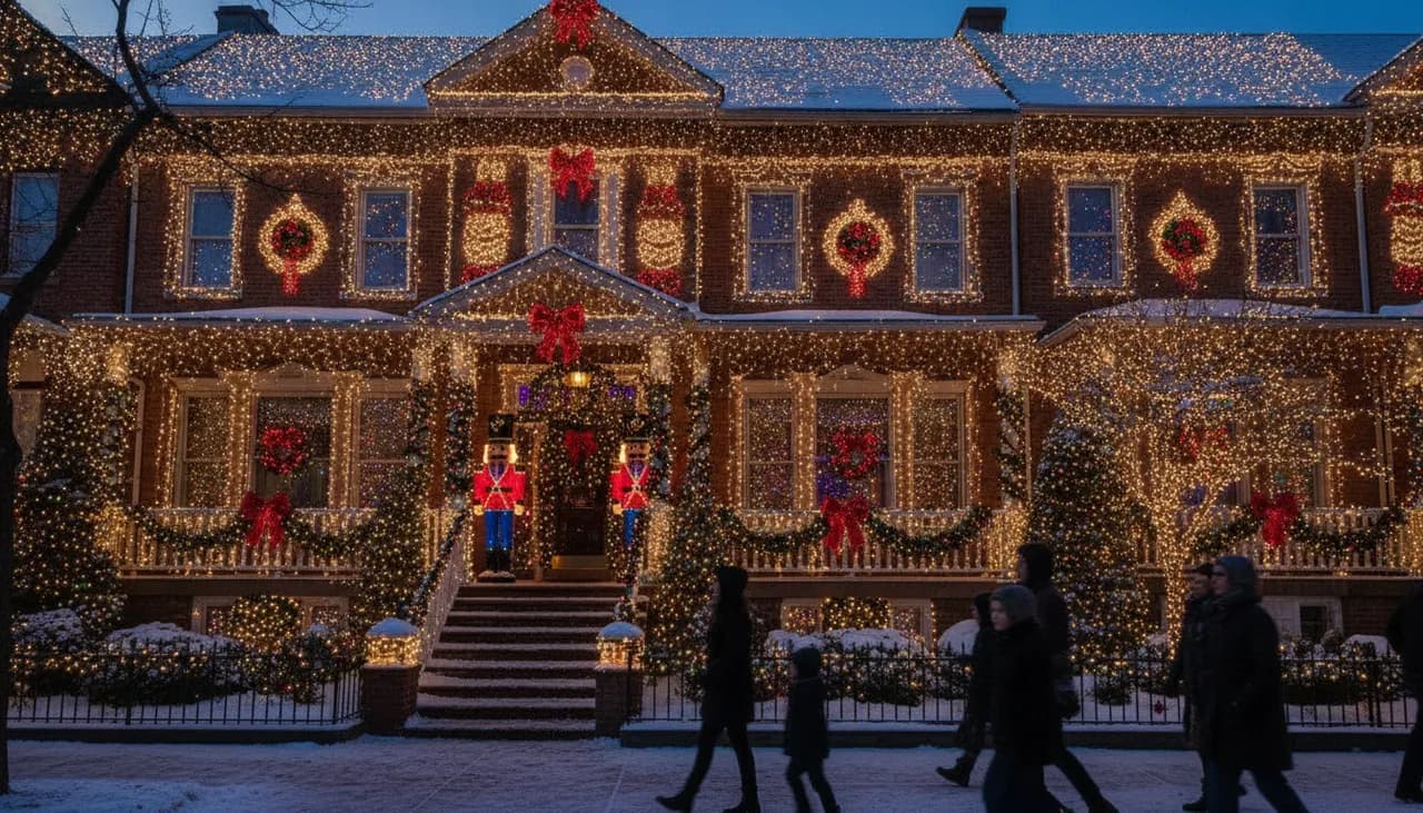 An ornate Dyker Heights row house glowing with thousands of colorful Christmas lights and nutcrackers at dusk