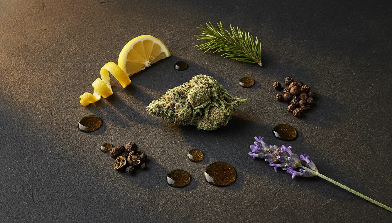 Flat lay of a frosted cannabis nug surrounded by lemon, pine sprig, peppercorns and lavender representing its terpenes on dark slate under warm sidelight