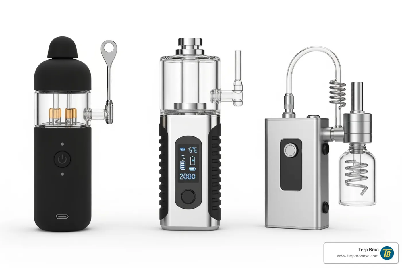 Three different styles of budget-friendly electric dab rigs available in New York - best cheap electric dab rig