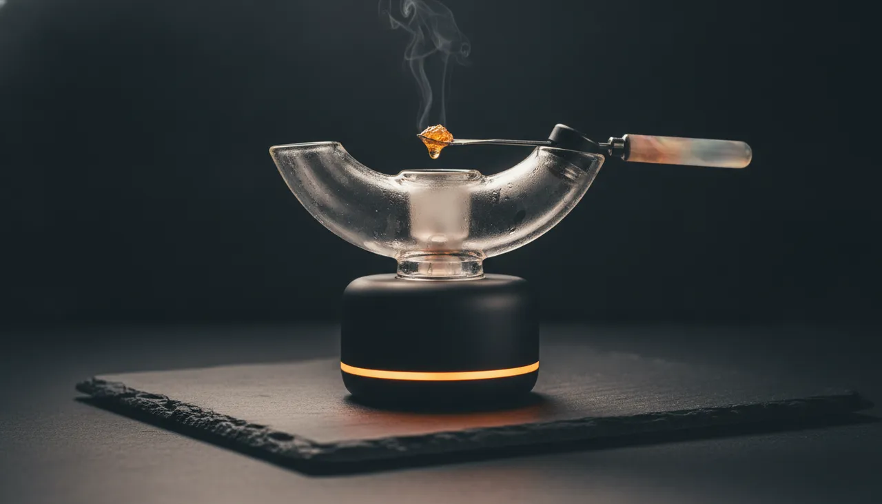 Sleek black electric dab rig with glowing heat ring, quartz banana and a golden concentrate dab on dark slate