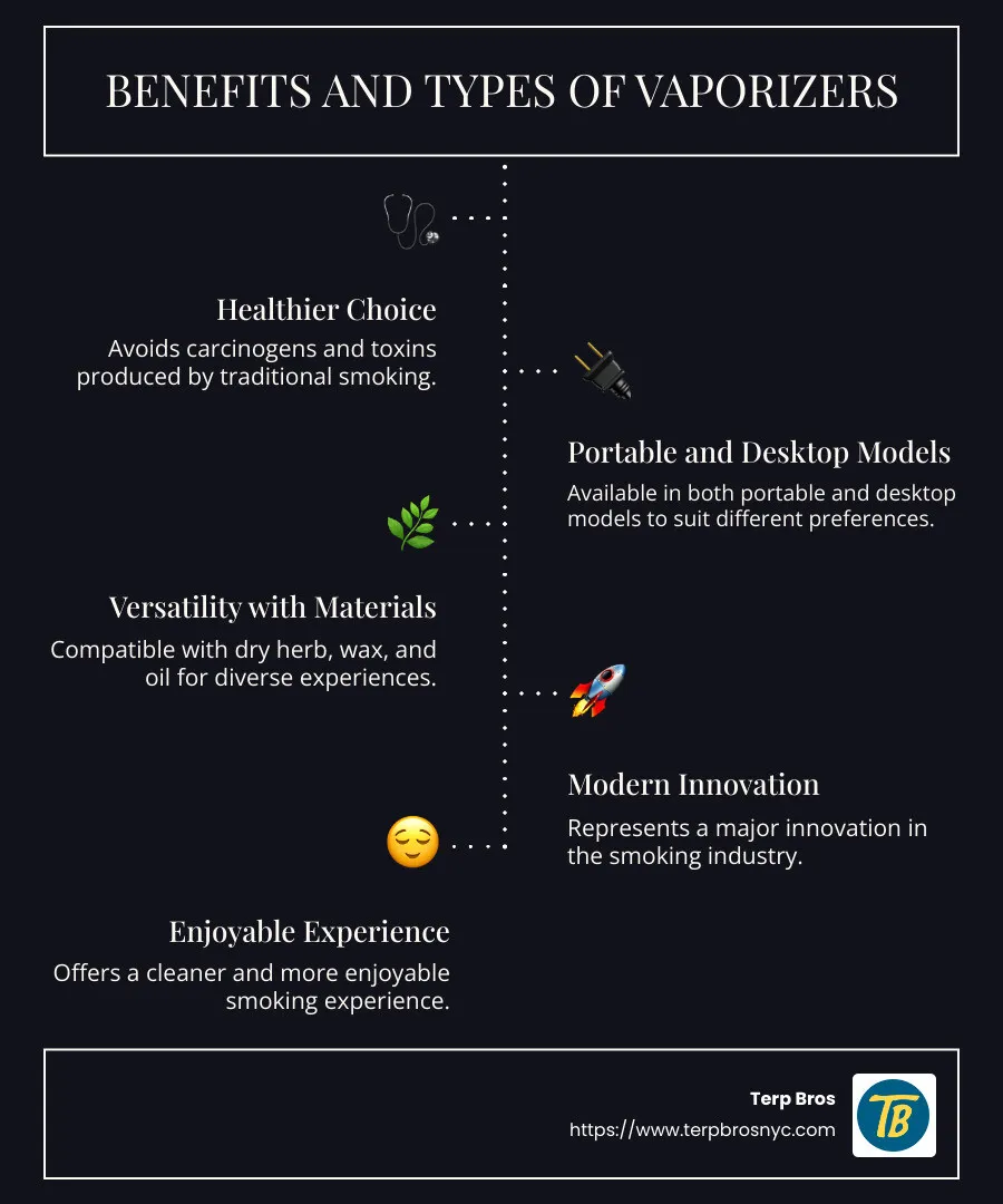 Infographic showing the types of vaporizers, including portability and material compatibility - vaporizer infographic infographic-line-5-steps-dark