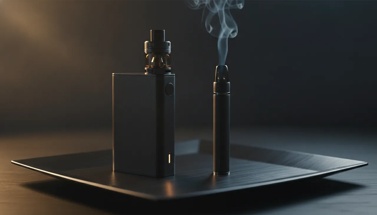 Matte-black portable dry-herb vaporizer and slim vape pen on a dark metal surface with a thin wisp of vapor and a glowing amber LED