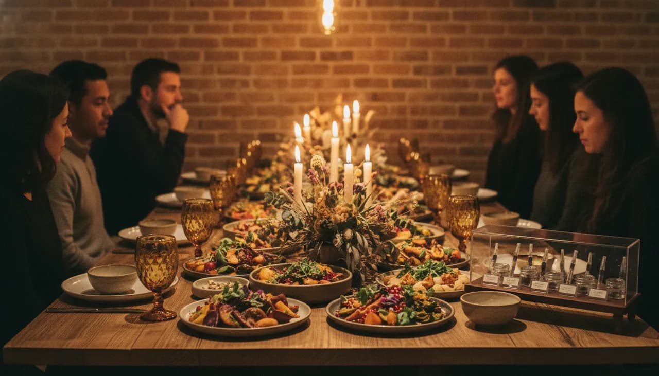 Candlelit communal table of plant-based small plates and craft concentrate display in a cozy Astoria restaurant with exposed brick and Edison bulbs