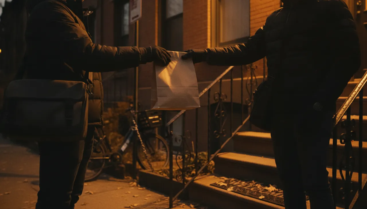 A courier handing a sealed cannabis delivery bag at a warmly lit Queens brownstone stoop at dusk with an e-bike at the curb