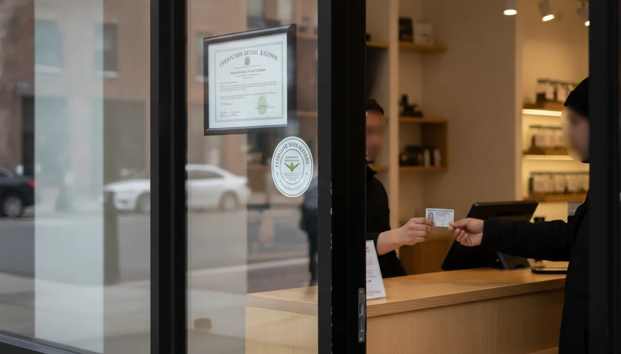 Licensed Queens cannabis dispensary storefront with an adult-use retail license framed in the window and an ID-check counter inside
