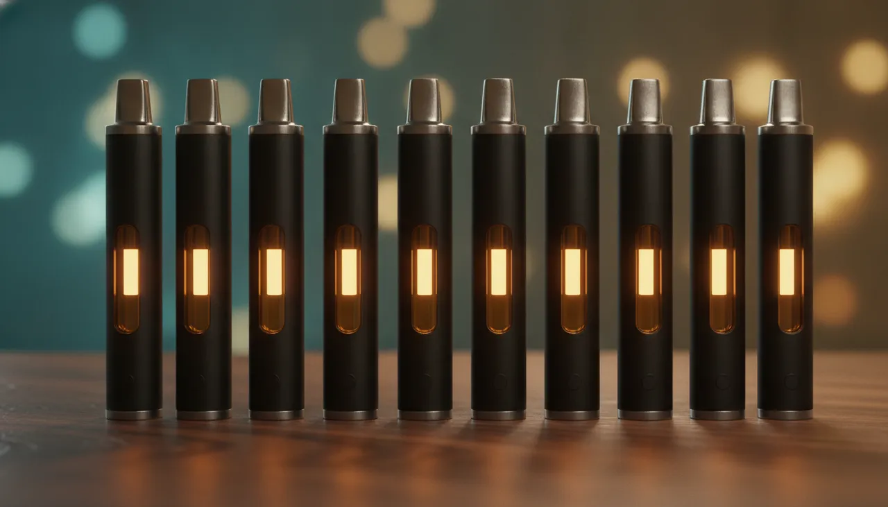 Row of sleek 1-gram disposable THC vape pens with glowing amber oil windows on a dark dispensary counter