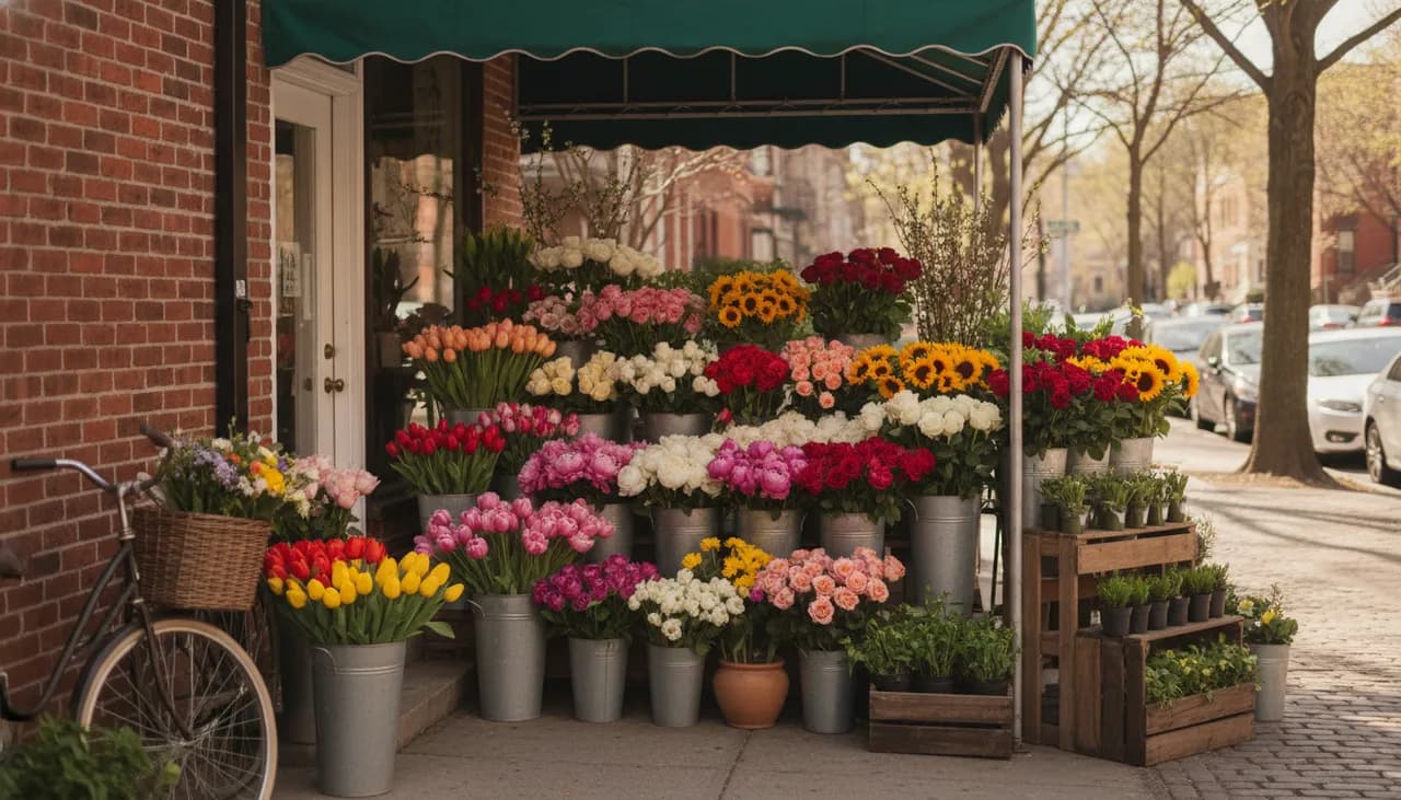 Sunny Queens florist storefront with buckets of fresh tulips, peonies and sunflowers spilling onto the sidewalk under a green awning