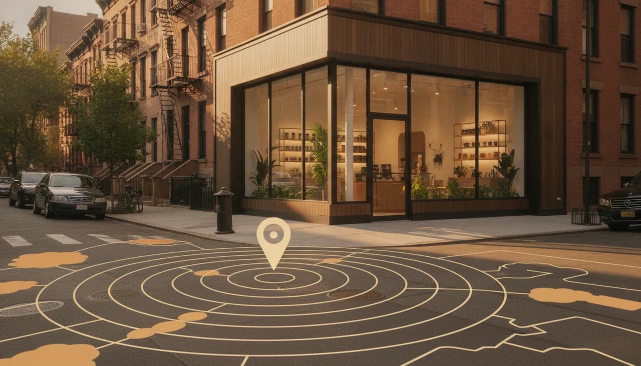 A glowing Queens dispensary storefront at golden hour with a distance-ring map pin overlay marking the 5-mile green zone