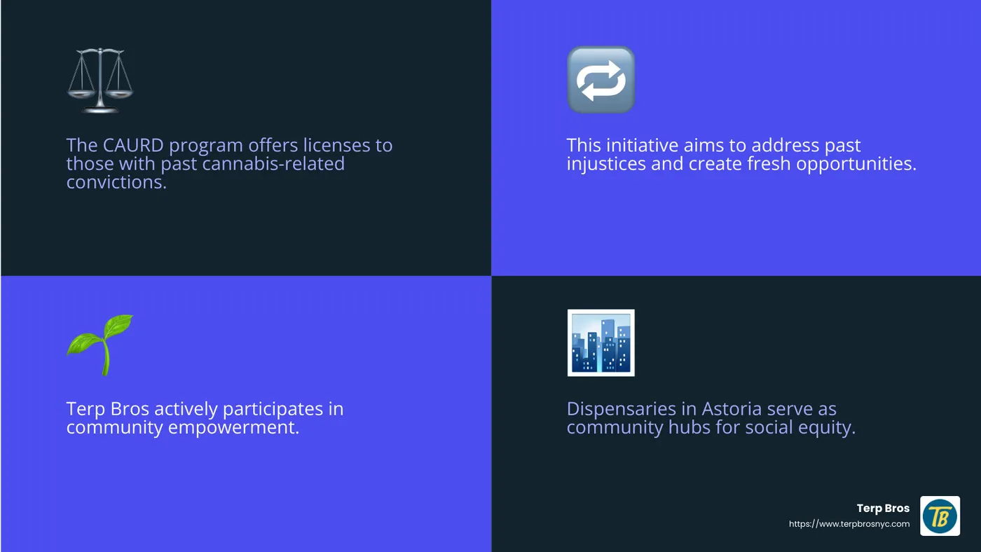 The CAURD program promotes social equity by supporting justice-involved individuals. - legal dispensary astoria infographic 4_facts_emoji_blue