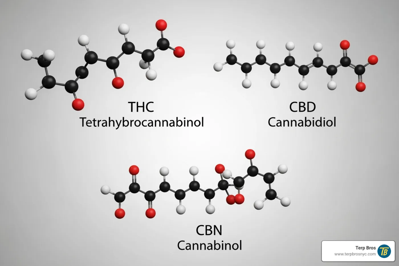Molecular structures of THC, CBD, and CBN. - edible sleep