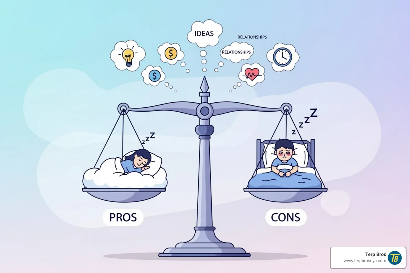 Illustration of person weighing pros and cons of edibles for sleep. - edible sleep