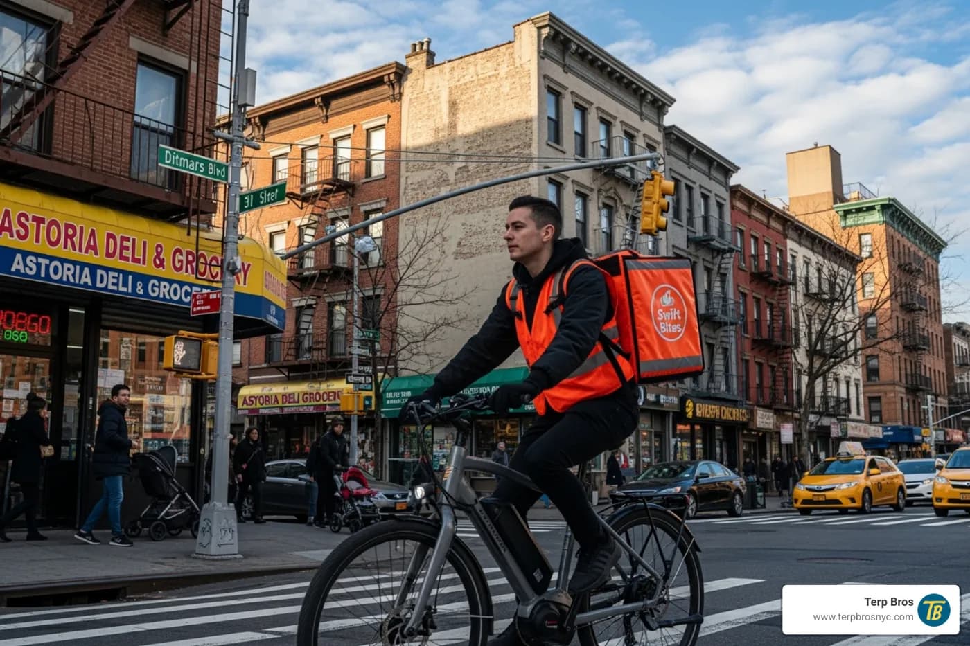 Terp Bros delivery driver on an e-bike in Astoria, Queens - edible sleep