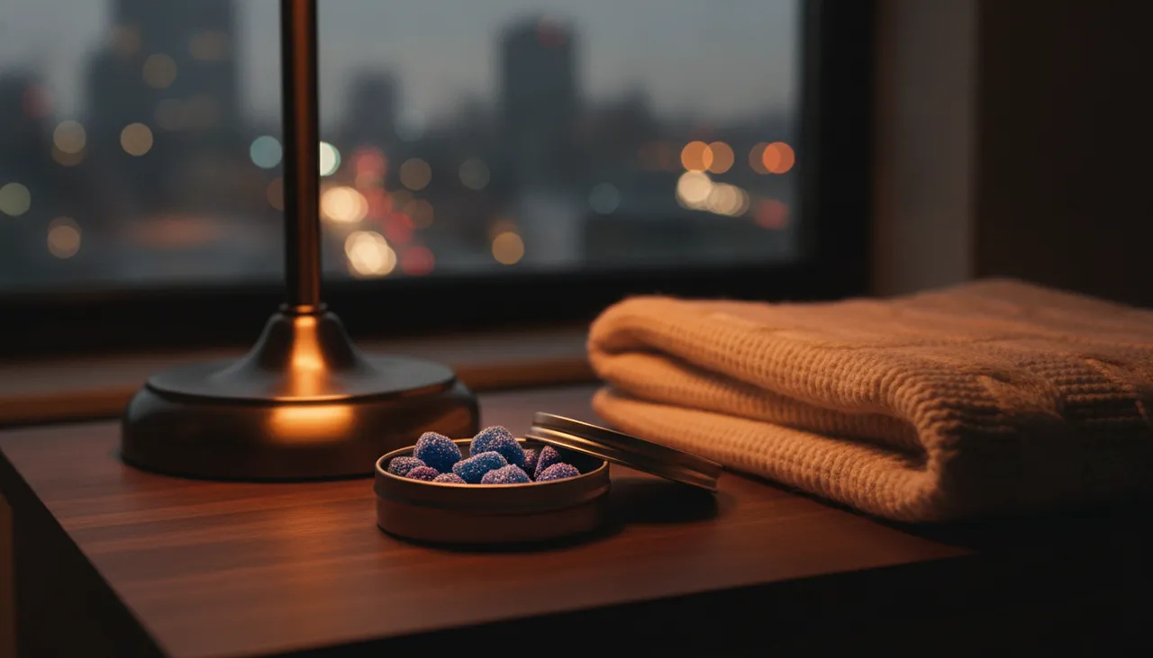 Open tin of indigo and violet sugar-dusted cannabis gummies on a dark nightstand beside a knit blanket and warm bedside lamp at night